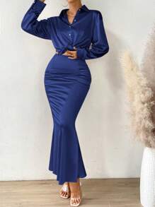 Chiquease Solid Button Front Shirt & Mermaid Hem Skirt - Royal Blue - View 4