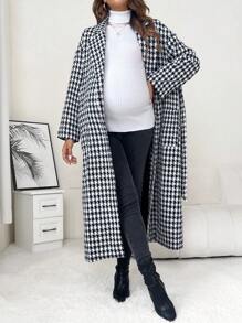 SHEIN Maternity Houndstooth Print Drop Shoulder Belted Coat - Black and White - View 3