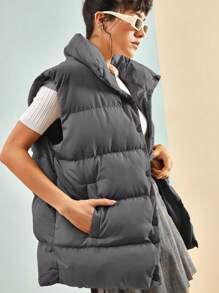 RueChic Solid Button Front Vest Puffer Coat - Dark Grey - View 3