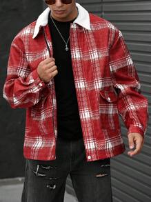 Manfinity Hypemode Loose Fit Men's Plaid Pattern Overcoat With Borg Collar And Flap Pockets - Red - View 6