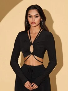 SHEIN PETITE Drawstring Tie Back Crop Tee - Black - View 1