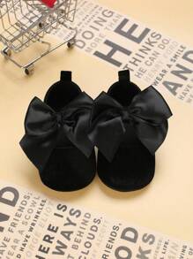 1pair Baby Girls' Velvet Flat Shoes With Bow Decoration - Black - View 1