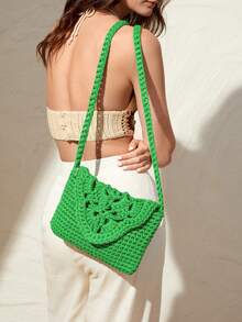 SHEIN VCAY Women's Woven Crossbody Bag With Flap Cover, Minimalist Style And Multifunctional Design - Green - View 5