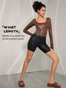 GLOWMODE 鍍箔皮革效果緊身方領長袖運動上衣,帶拇指孔 - 棕色 - 查看 5