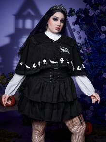 Corpse Bride | ROMWE Plus Skull Print Lace Up Front Cape Coat - Black - View 1