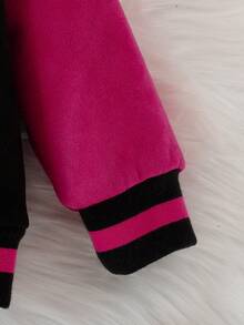 女嬰字母圖案條紋鑲邊拼色校隊夾克（不帶T恤） - 黑色 - 查看 6