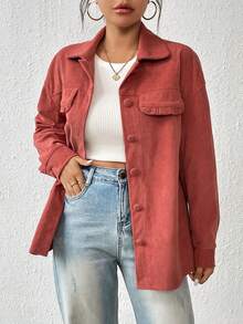 SHEIN Essnce Drop Shoulder Frill Flap Detail Corduroy Coat - Redwood - View 6