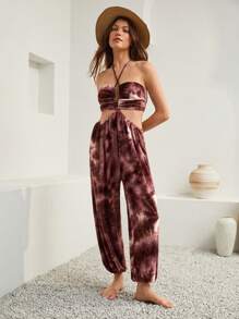 Bohemela Tie Dye Drawstring Waist Halter Jumpsuit - Brown - View 1