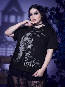 Corpse Bride | ROMWE Plus Áo thun trễ vai họa tiết hoạt hình - màu đen - Xem 1