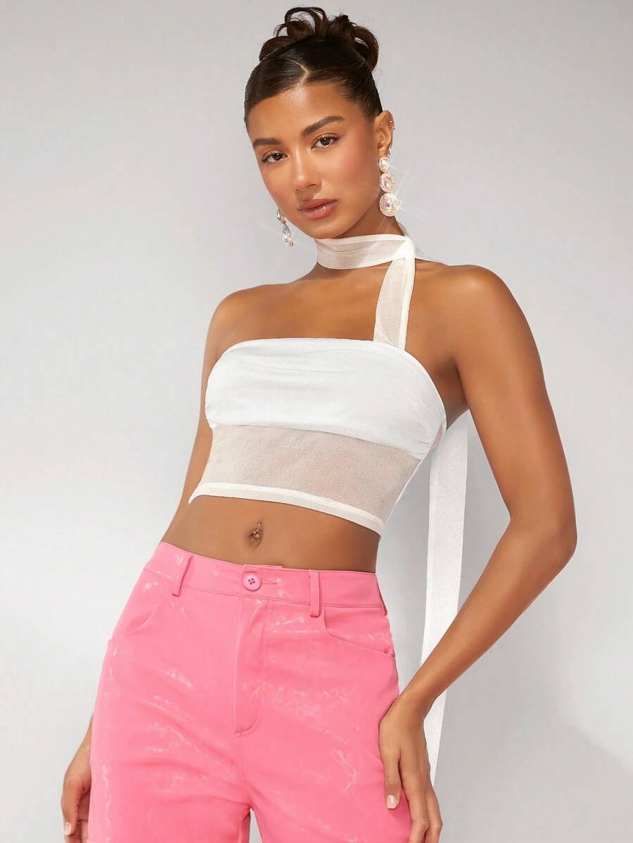 SHEIN BAE Áo crop top lưới cổ bất đối xứng - trắng - Xem 1