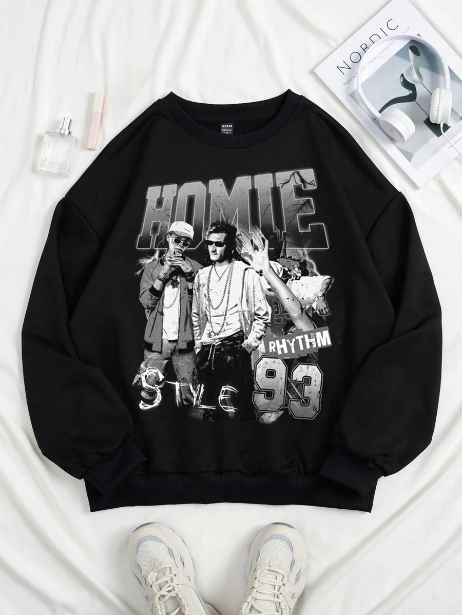 SHEIN EZwear 大碼嘻哈樂團角色字母印花休閒運動衫，圓領 - 黑色 - 查看 1