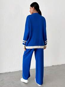 EURMUSE Pull À Blocs De Couleurs À Col Montant Épaule tombante & Pantalon En Tricot - Bleu azur - Voir 2