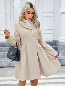 SHEIN Privé 青果領雙排扣大衣 - 杏色 - 查看 1