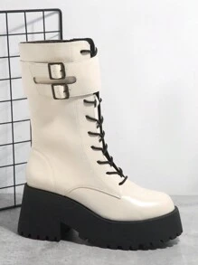 SHUZIA 人造皮革帶扣細節溝紋鞋底馬丁靴 - 米色 - 查看 6