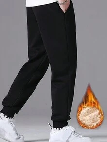 男式纯色抽绳腰口袋卷边休闲运动裤 - 黑色 - 查看 2