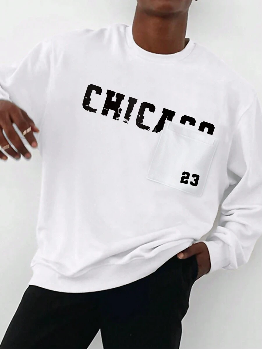 Manfinity Loose Men's Letter Graphic Pocket Patch Sweatshirt - White - View 1