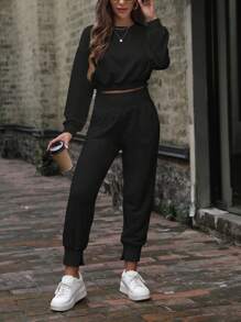 SHEIN LUNE Sudadera corta con hombros caídos unicolor - Negro - Ver 3