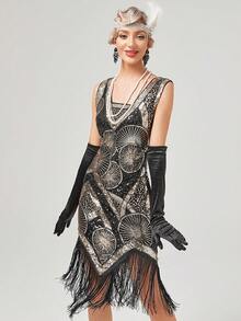 Women's 1920s Heavy Embroidered Sequin Fringed Cocktail Dress, Party Gown - Black - View 6