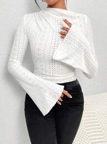 SHEIN LUNE Round Neck Eyelet Embroidery Flounce Sleeve Tee - White - View 5