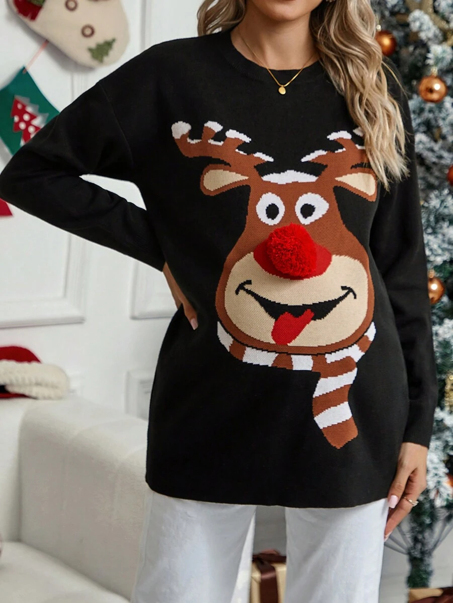 SHEIN Áo len trễ vai họa tiết nai sừng tấm dành cho bà bầu - màu đen - Xem 1