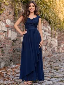 Ruffled Lace Bodycon Hem Evening Dress - Navy Blue - View 4
