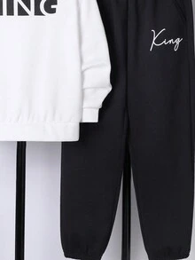 SHEIN Áo hoodie và quần thể thao họa tiết chữ Tween Boy - trắng - Xem 4