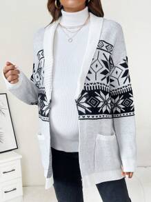 SHEIN Maternity Geo Pattern Dual Pocket Drop Shoulder Cardigan, For Winter