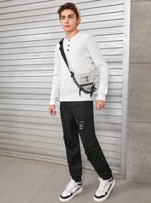 SHEIN 青少年男孩破洞水洗牛仔休閒直筒褲 - 黑色 - 查看 3