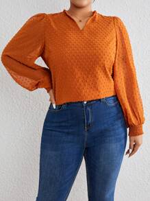 SHEIN Privé Plus Swiss Dot Lantern Sleeve Blouse - Brown - View 4