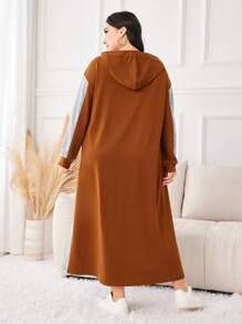 Mulvari Plus Colorblock Flap Detail Drawstring Hooded Sweatshirt Dress Graduation,Back To School Outfits,Graduation,Teacher Outfits For Women,Back To School Pullover Fall Outfit Winter Autumn - Multicolor - View 2