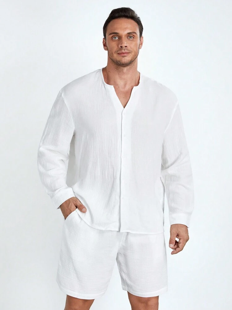 Men Plus Loose Solid Color Buttoned Shirt & Shorts Set