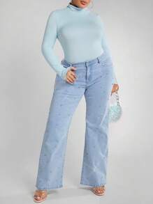 大碼高腰牛仔喇叭褲 - 淺色水洗藍 - 查看 1