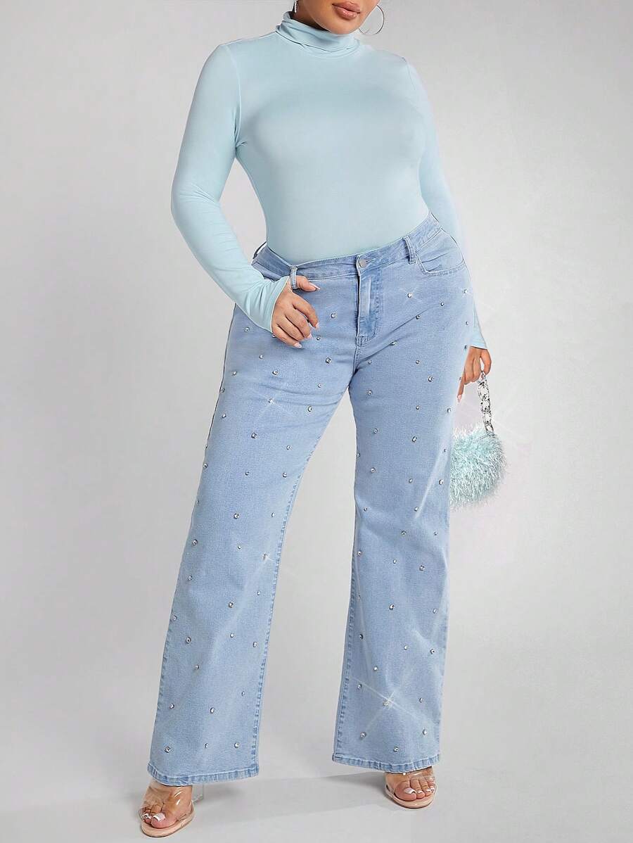 大碼高腰牛仔喇叭褲 - 淺色水洗藍 - 查看 1