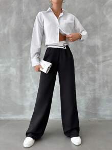 EURMUSE Pantalones de traje color block de cintura alta - Negro - Ver 1