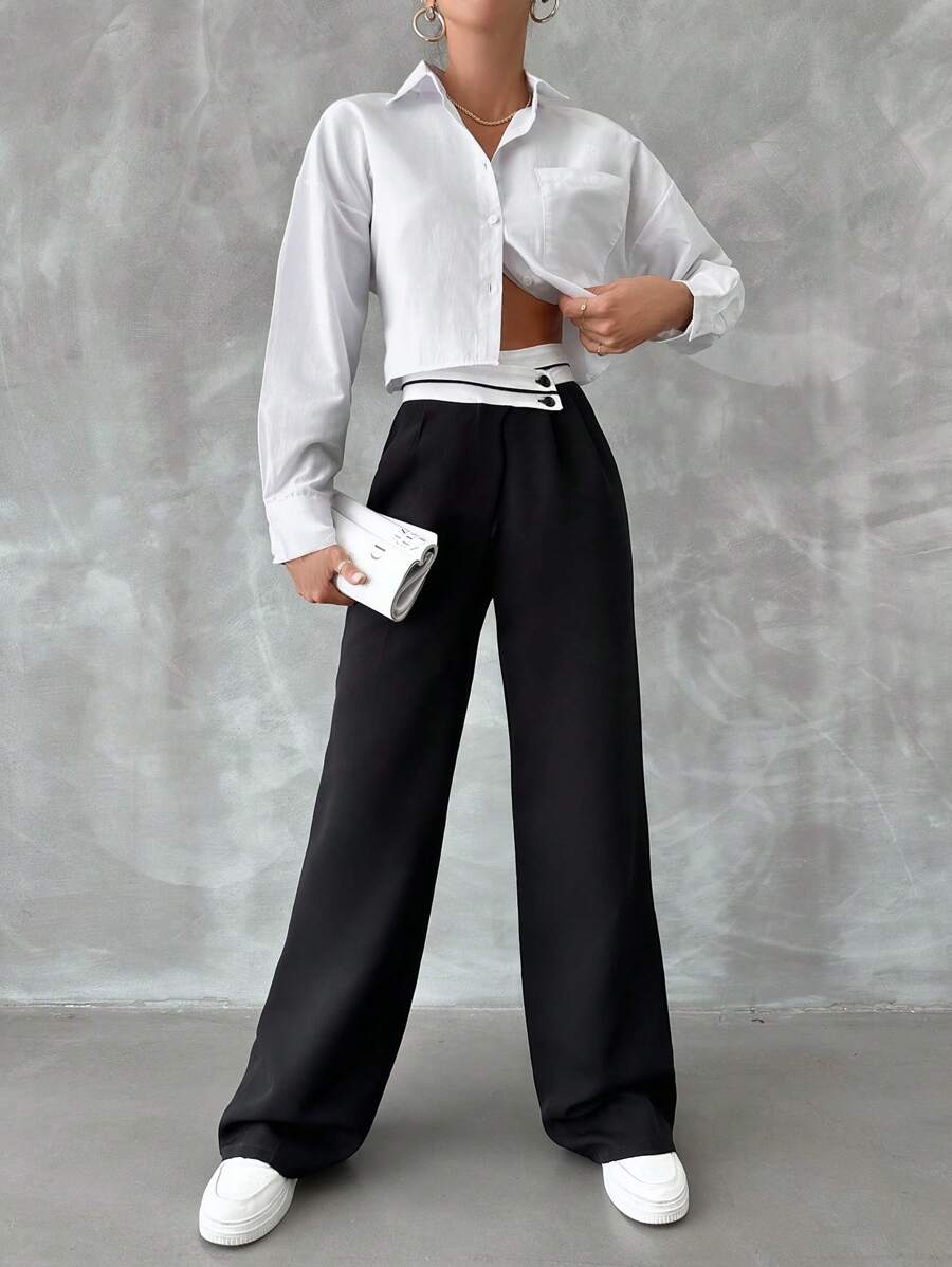 EURMUSE Pantalones de traje color block de cintura alta - Negro - Ver 1