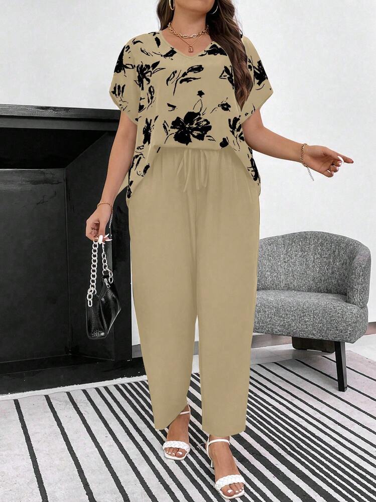 SHEIN LUNE Talla grande Pantalones con top con estampado floral de manga murciélago - Caqui - Añade 1