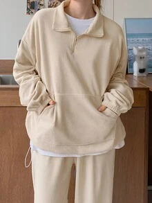 DAZY Half Zip Kangaroo Pocket Drop Shoulder Sweatshirt Without Tee - Apricot - View 3