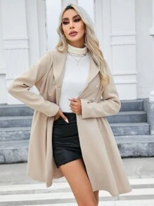 SHEIN Privé 青果領雙排扣大衣 - 杏色 - 查看 6