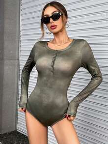 SHEIN Essnce Half Button Slim Fit Bodysuit - Multicolor - View 4