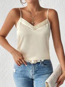 SHEIN Frenchy 純色褶皺細節吊帶上衣 - 杏色 - 查看 5