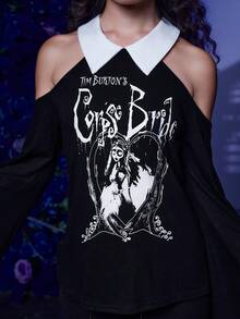 Corpse Bride | ROMWE Hình & Chữ Đồ họa Áo thun tay áo có vai lạnh - màu đen - Xem 3