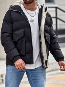 Manfinity Homme Loose-Fit Men's Hooded Padded Coat With Flap Pockets And Drawstring Hem - Black - View 5