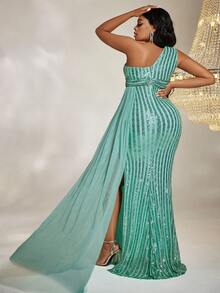 大碼單肩側垂高衩亮片洋裝 - 綠色 - 查看 2