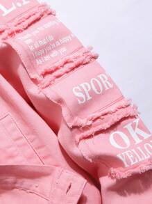 Manfinity Homme Men Long Sleeve Slogan Graphic Flap Pocket Denim Jacket Without Tee , Pink , For Fall - Pink - View 4