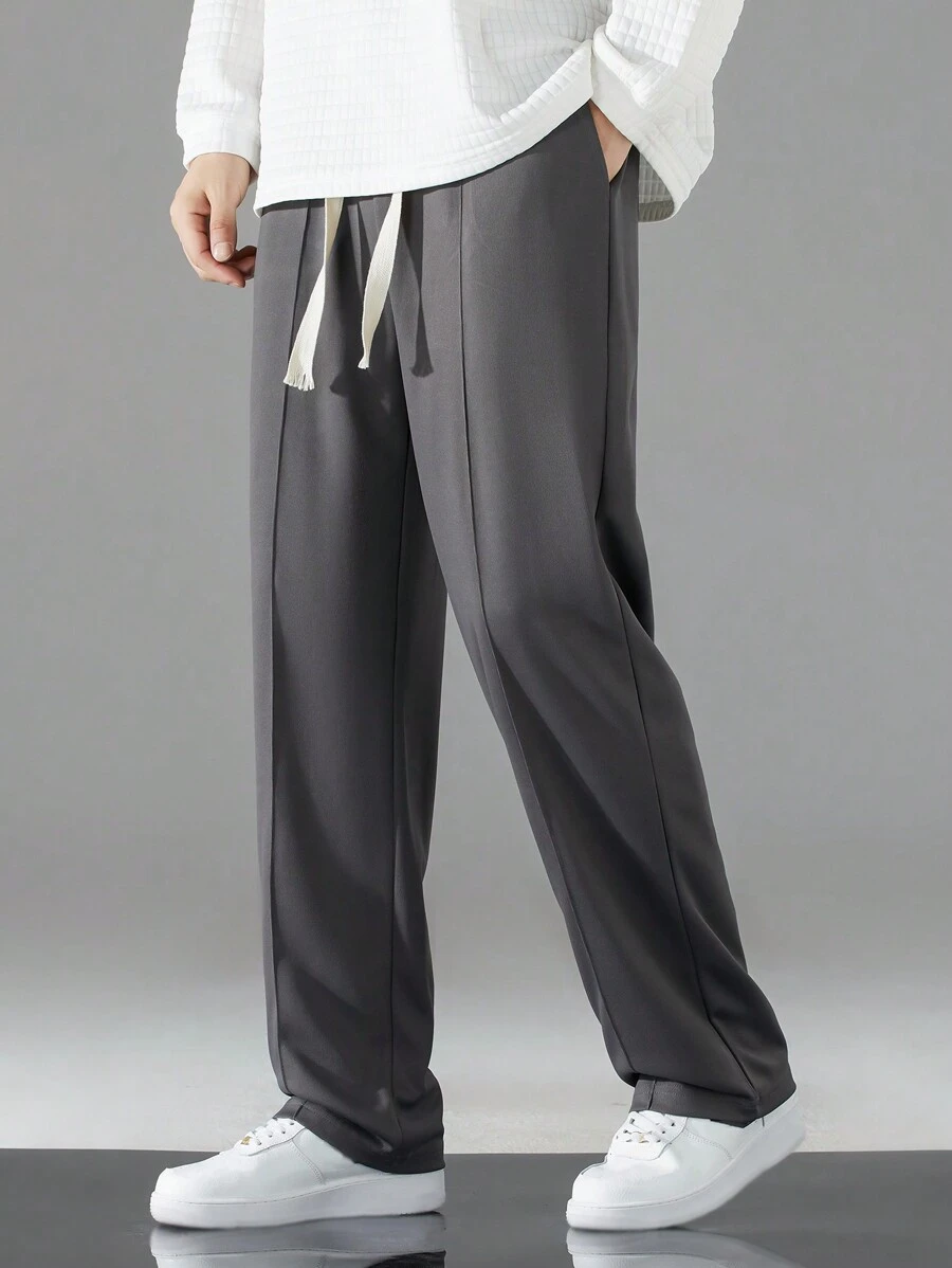 Men Drawstring Waist Straight Leg Trousers - Dark Grey - View 1