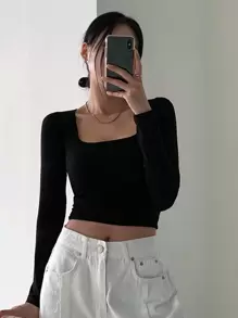 DAZY 女式方领短款长袖T恤上衣 - 黑色 - 查看 3