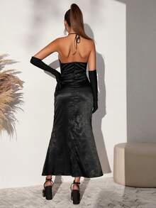 垂墜領露背吊帶背心洋裝（無袖） - 黑色 - 查看 2