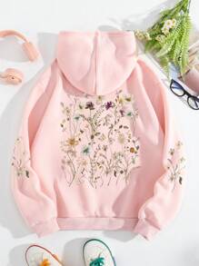 加大码印花抽绳保暖内衬卫衣，冬季款 - 粉色 - 查看 1