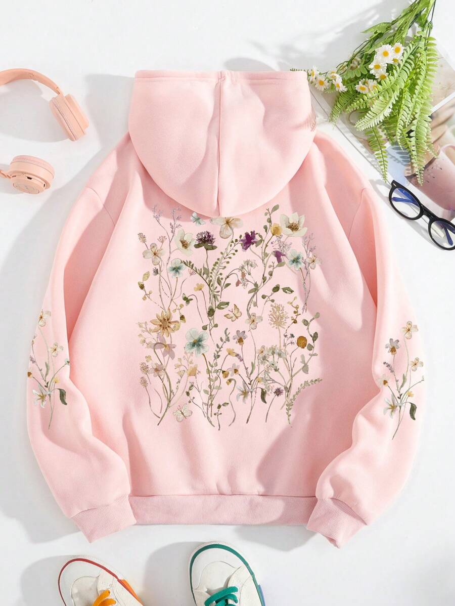 加大码印花抽绳保暖内衬卫衣，冬季款 - 粉色 - 查看 1