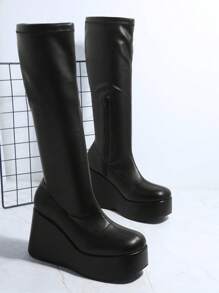 Faux Leather Zip Up Platform Boots - Black - View 2